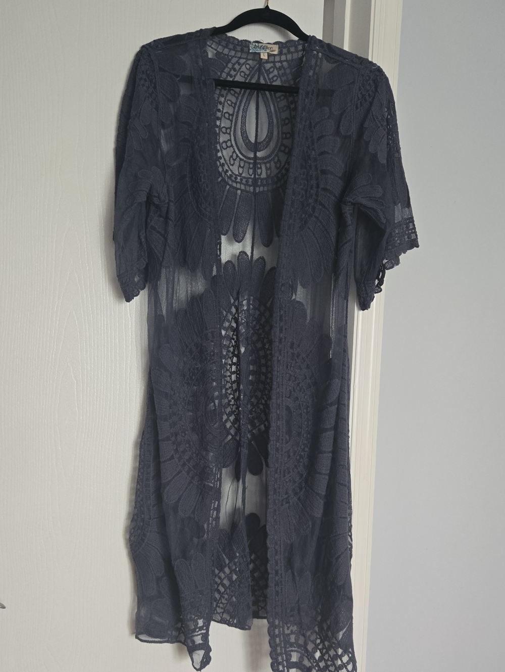Rebellion Sheer Crochet Kimono Cardigan in Navy